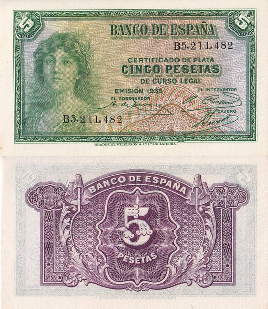 Spain 5 Pesetas 1935 P 85a(2) UNC MINOR FOXING