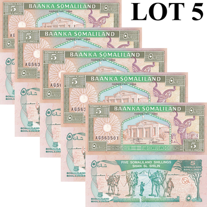 Somaliland 5 Shillings 1994 P 1a UNC 1/20 Bundle Lot 5 pcs