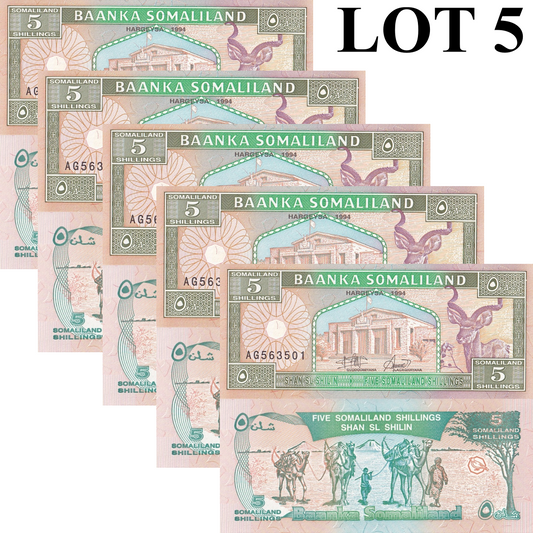 Somaliland 5 Shillings 1994 P 1a UNC 1/20 Bundle Lot 5 pcs