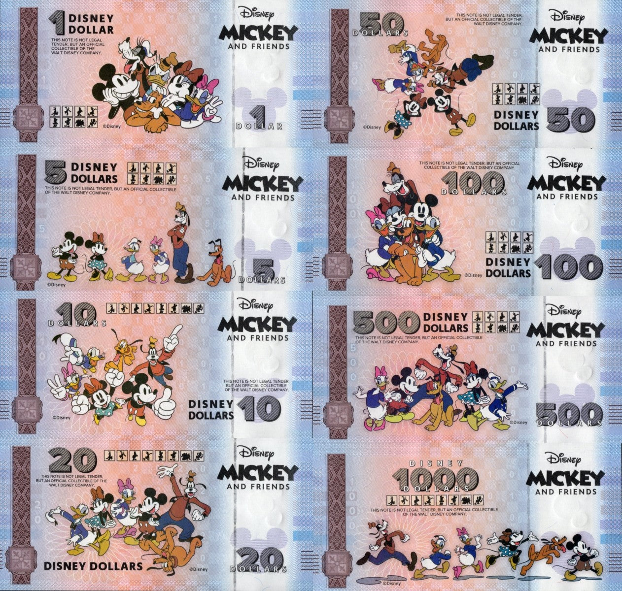 Disney Official Mickey Mouse & Frinds 1 5  10-1000 Dollars 2025 UNC Set 8 p W/F