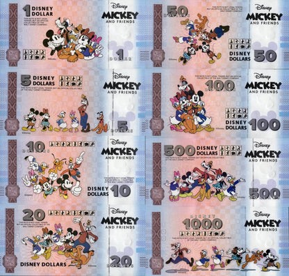 Disney Official Mickey Mouse & Frinds 1 5  10-1000 Dollars 2025 UNC Set 8 p W/F