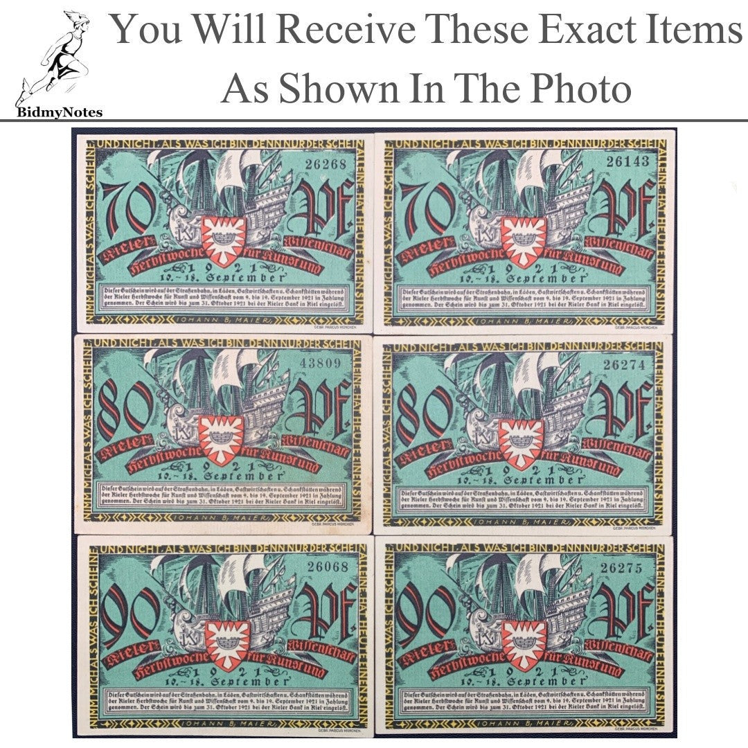 Germany Notgeld KIEL 70 80 90 Pfennig 1921 Set 6 pcs