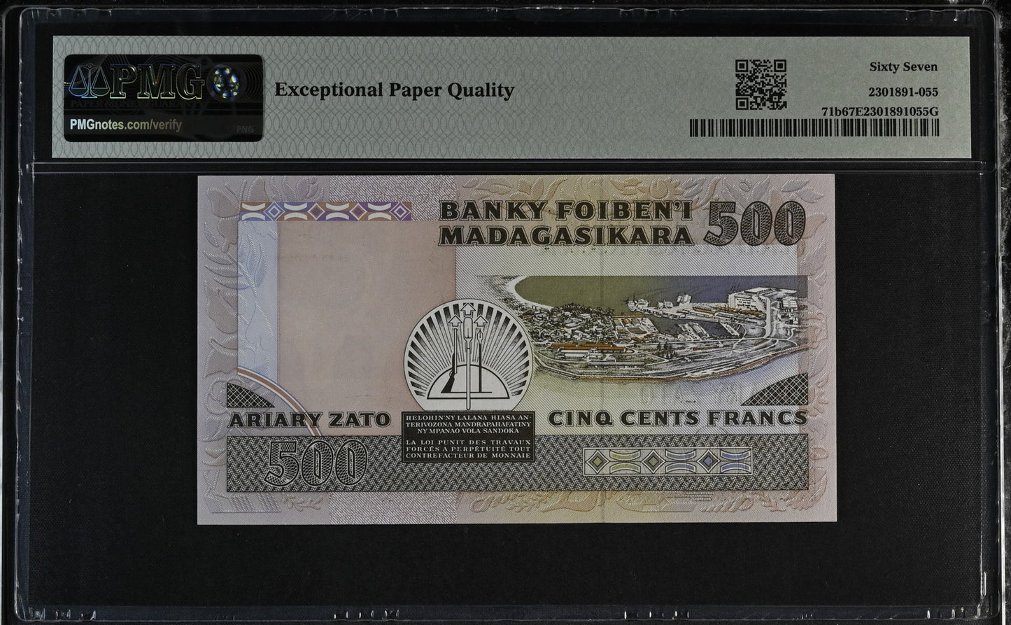 Madagascar 500 Francs 100 Ariary 1988-93 P 71b UNC PMG 67 EPQ 3rd TOP POP