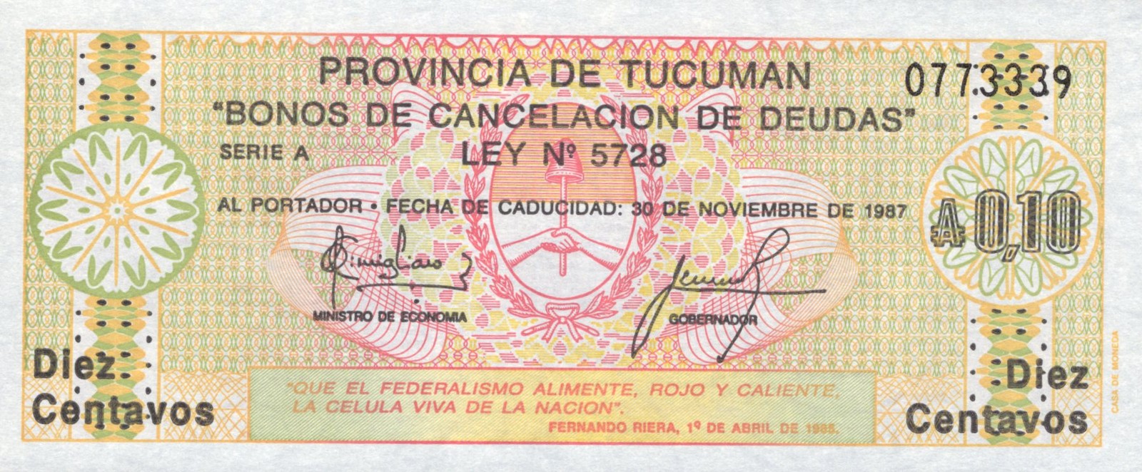 Argentina 10 Centavos 1987 P S701b UNC