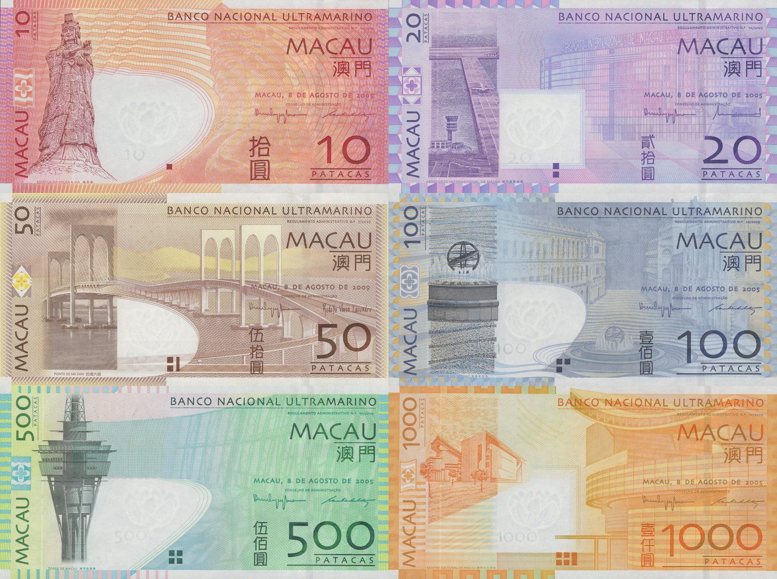 Macau Macao 10 20-1000 Patacas 2005-2009 P 80a-84a UNC BNU Set 6 pcs AA Prefix