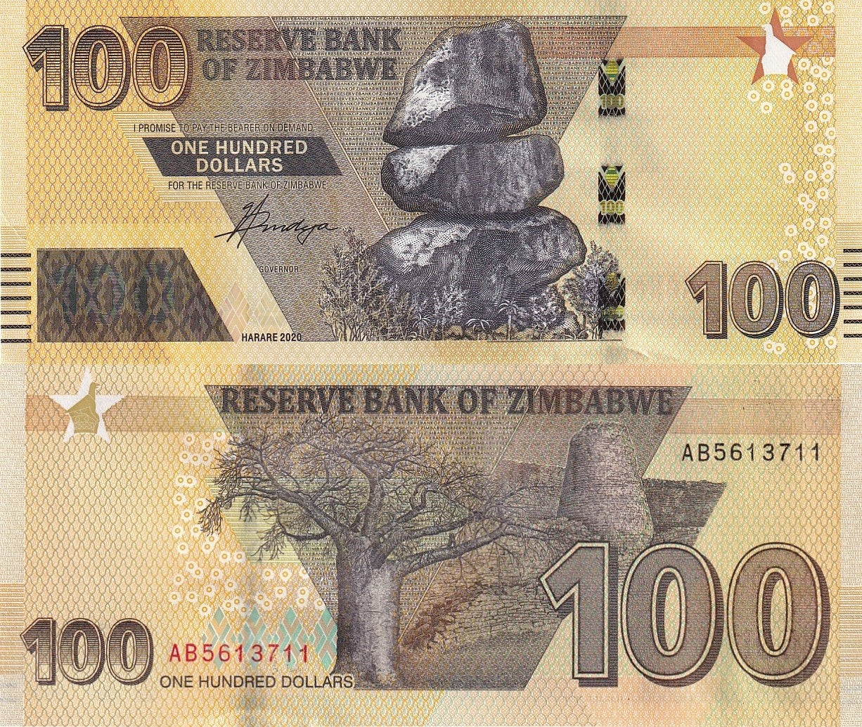 Zimbabwe 100 Dollars 2020 P 106 UNC 1/10 Bundle LOT 10 pcs