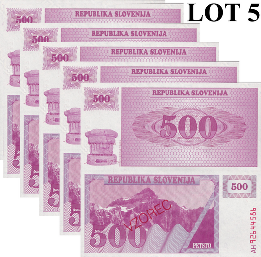 Slovenia 500 Tolarjev 1990 P 8b UNC SPECIMEN 1/20 Bundle Lot 5 pcs