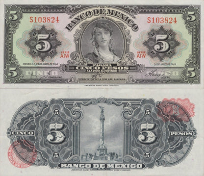 Mexico 5 Pesos 1963 P 60h SERIE AIW UNC
