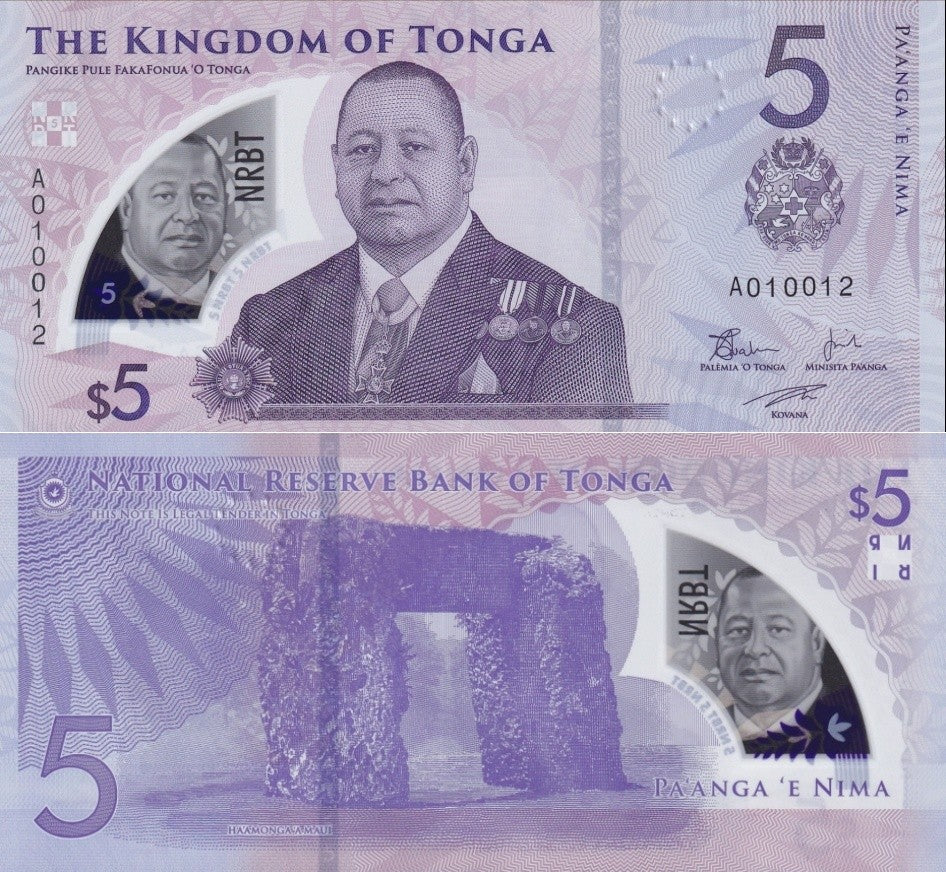 Tonga 5 Pa'anga 2023/2024 P 51 New Polymer UNC 1/20 Bundle Lot 5 pcs