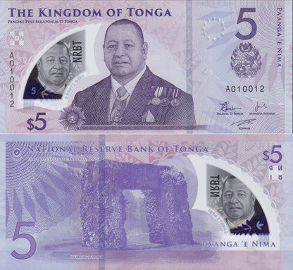 Tonga 5 Pa'anga 2023/2024 P 51 New Polymer UNC 1/20 Bundle Lot 5 pcs