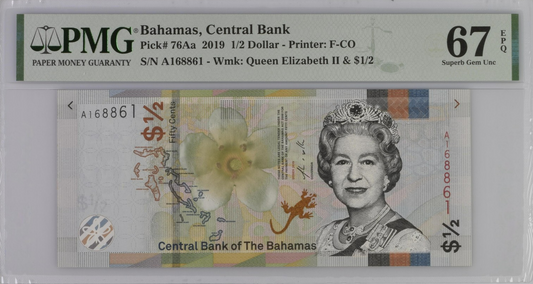 Bahamas Central Bank 1/2 Dollar 2019 P 76Aa UNC PMG 67 EPQ Radar No. 168861