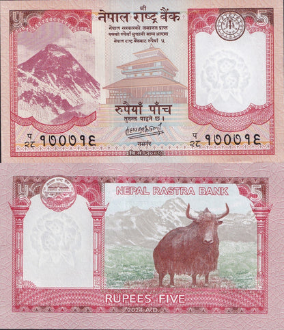 Nepal 5 Rupees 2024/2025 P 76 UNC 1 Bundle Lot 100 pcs