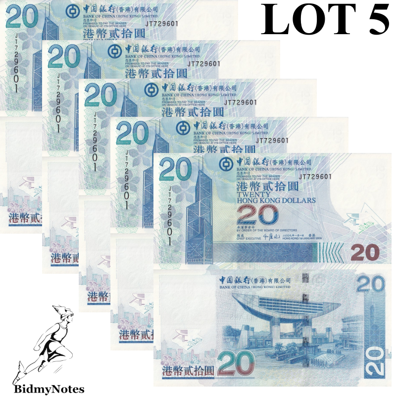 Hong Kong 20 Dollars 2009 P 335f UNC BOC 1/20 Bundle LOT 5 pcs