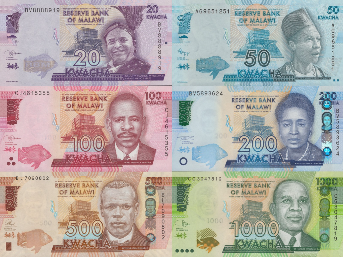Malawi 20-100 200 500 1000 Kwacha P 63 64 65 65A 66 67 Random Year UNC Set 6 p