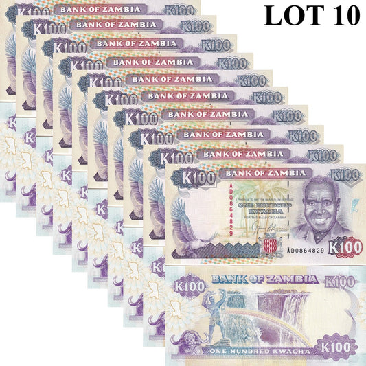 Zambia 100 Kwacha 1991 P 34 UNC 1/10 Bundle Lot 10 pcs