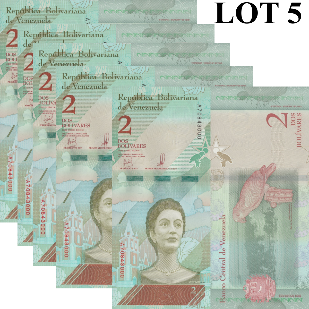 Venezuela 2 Bolívares 2018 P 101 UNC 1/20 Bundle Lot 5 pcs