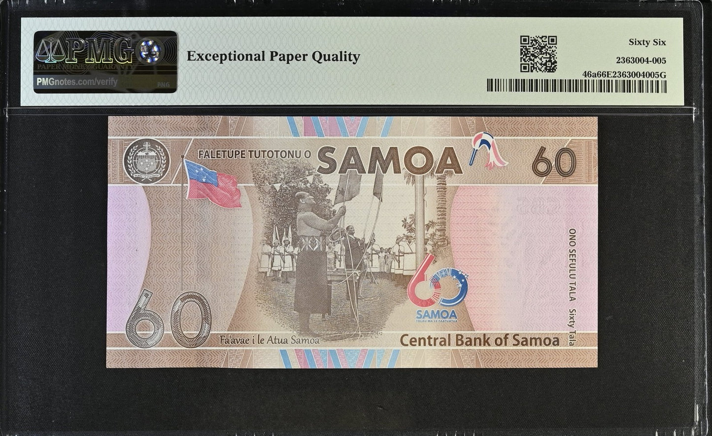 Samoa Commemorative 60 Tala ND (2023) P 46a UNC PMG 66 EPQ LOW S/N 0000029