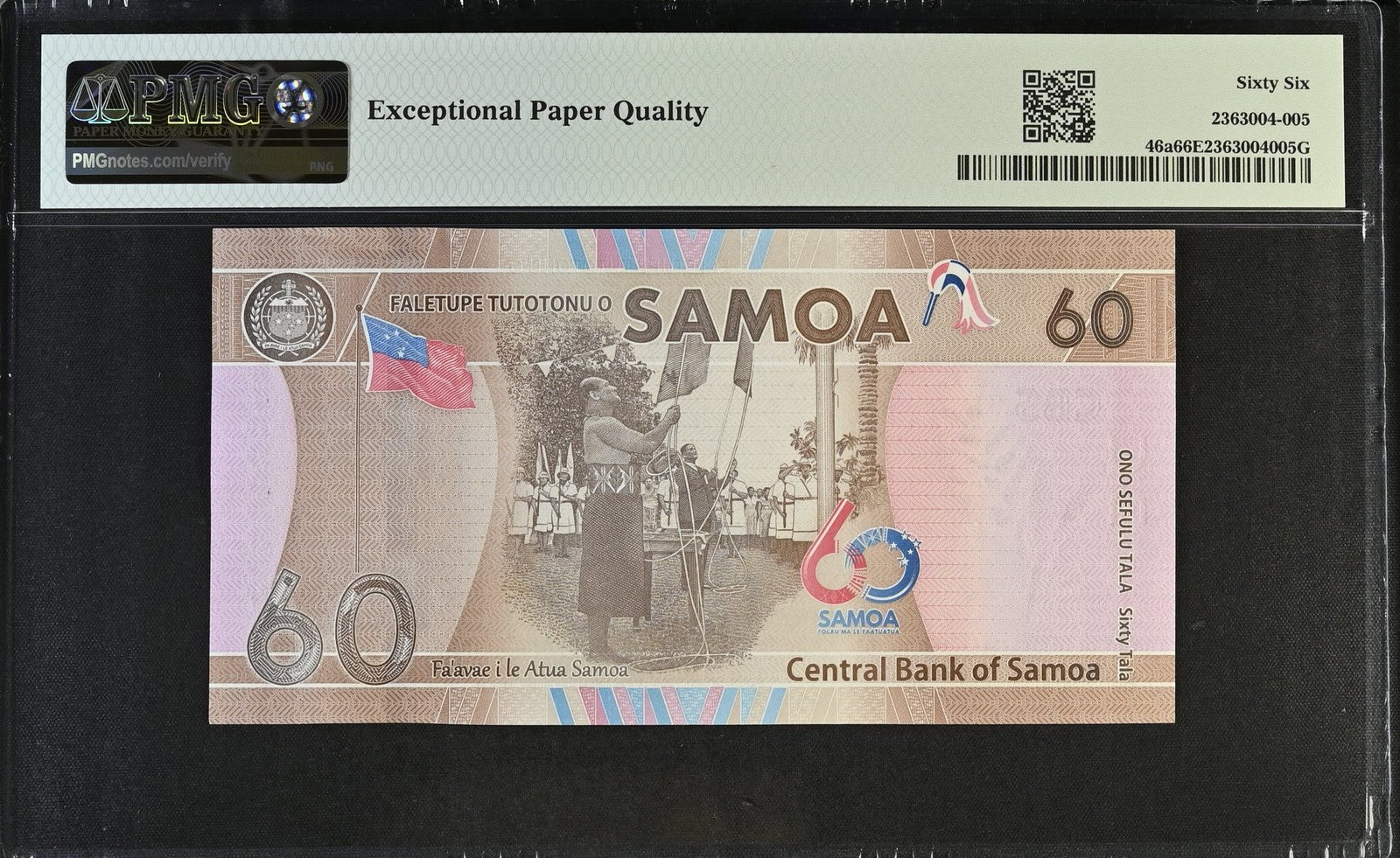 Samoa Commemorative 60 Tala ND (2023) P 46a UNC PMG 66 EPQ LOW S/N 0000029