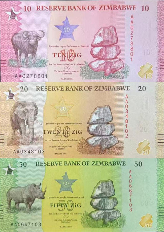 Zimbabwe 10 20 50 Zig 2026 P 115 116 117 NEW Design UNC Set 3 pcs