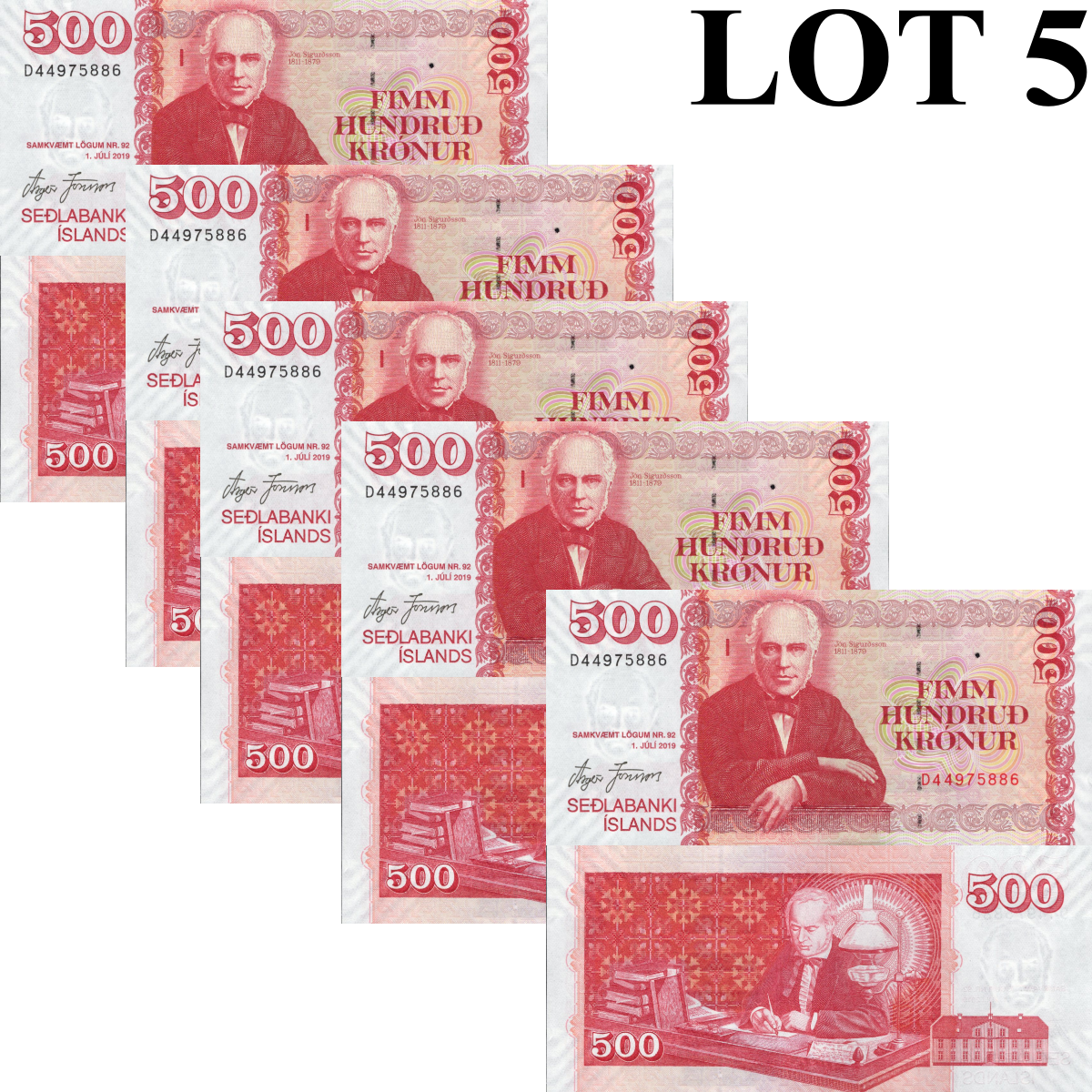Iceland 500 Kronur 2019 P 58 UNC 1/20 Bundle Lot 5 pcs