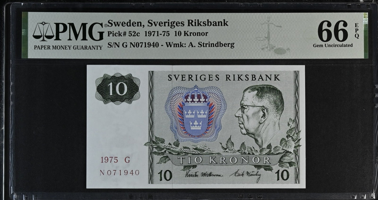 Sweden Sveriges Riksbank 10 Kronor 1971-75 P 52c UNC PMG 66 EPQ 3rd TOP POP