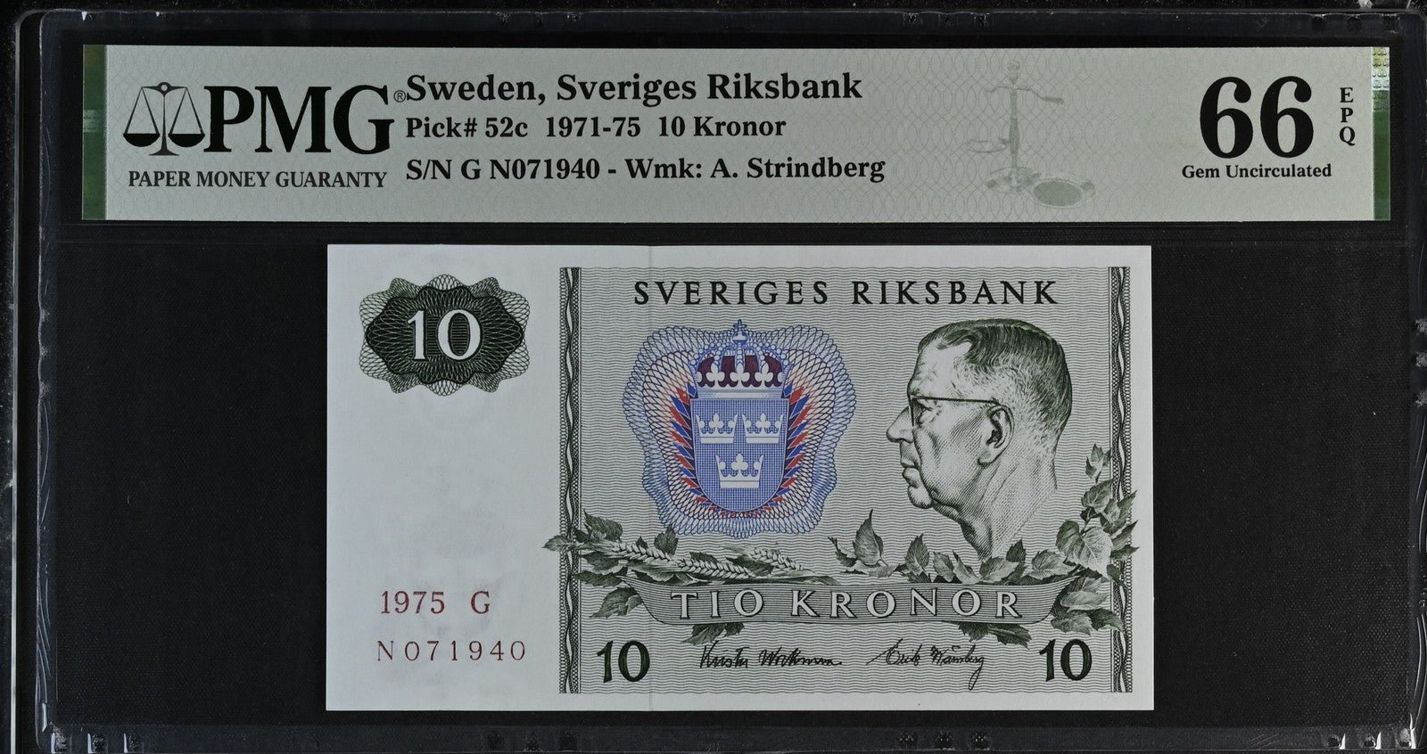 Sweden Sveriges Riksbank 10 Kronor 1971-75 P 52c UNC PMG 66 EPQ 3rd TOP POP