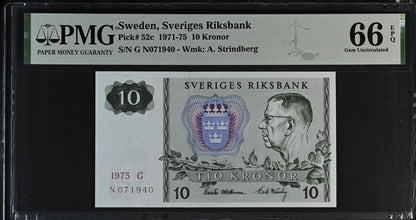 Sweden Sveriges Riksbank 10 Kronor 1971-75 P 52c UNC PMG 66 EPQ 3rd TOP POP