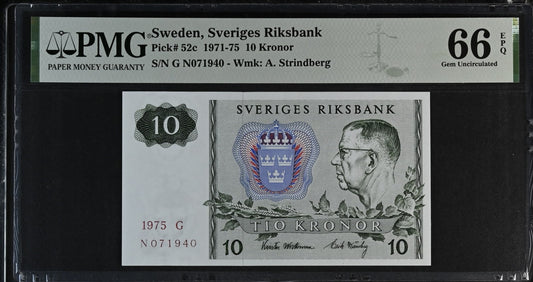 Sweden Sveriges Riksbank 10 Kronor 1971-75 P 52c UNC PMG 66 EPQ 3rd TOP POP