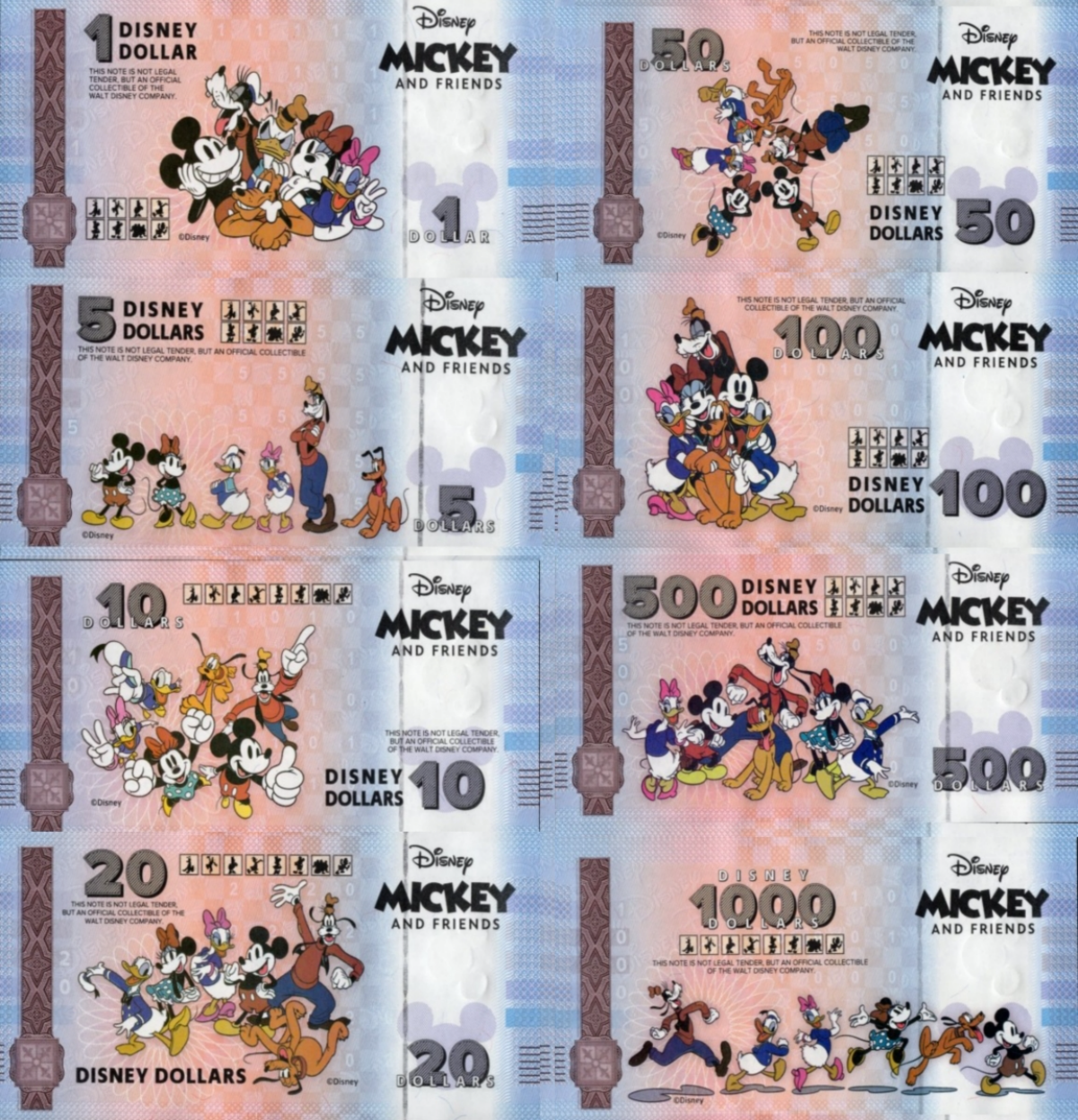 Disney Official Test Note  1 5 10 20 -  1000 2025 Mickey & Frinds UNC Set 8 pcs
