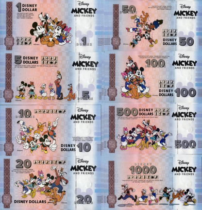 Disney Official Test Note  1 5 10 20 -  1000 2025 Mickey & Frinds UNC Set 8 pcs