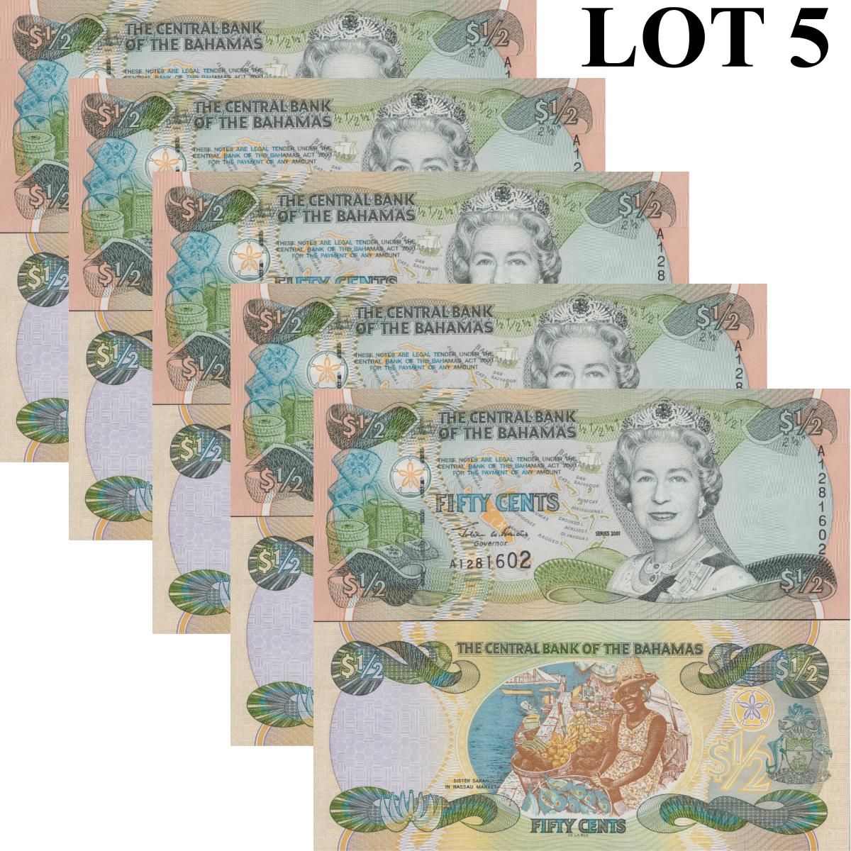 Bahamas 50 Cents 1/2 Dollar 2001 P 68 Queen Elizabeth II UNC 1/20 Bundle Lot 5