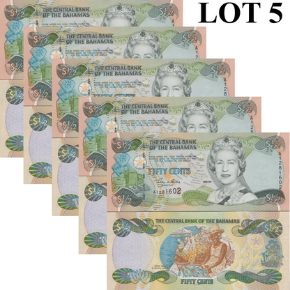 Bahamas 50 Cents 1/2 Dollar 2001 P 68 Queen Elizabeth II UNC 1/20 Bundle Lot 5
