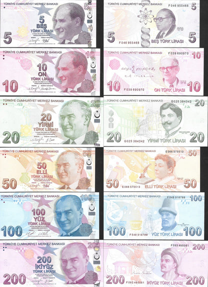 Turkey 5 10 20 50 100 200 Turk Lirasi 2009-2023 P 222 223-227 UNC Set 6 pcs