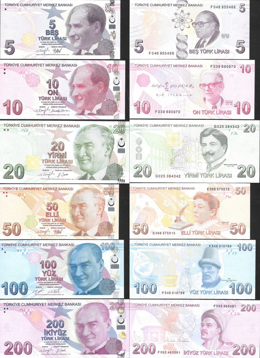Turkey 5 10 20 50 100 200 Turk Lirasi 2009-2023 P 222 223-227 UNC Set 6 pcs