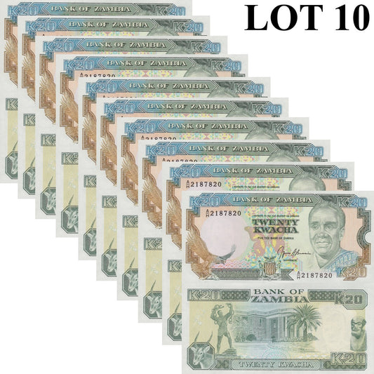 Zambia 20 Kwacha ND 1989-1991 P 32 UNC 1/10 Bundle Lot 10 pcs