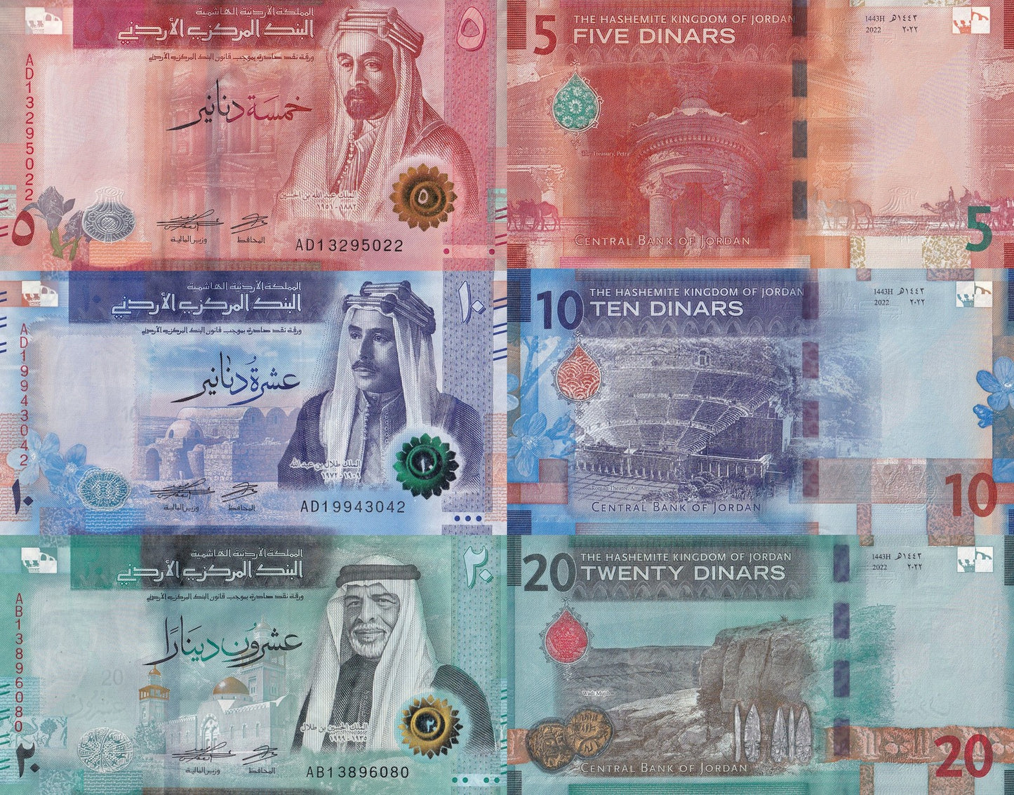 Jordan 5 10 20 Dinars 2022 P 40 41 42 UNC Set 3 pcs