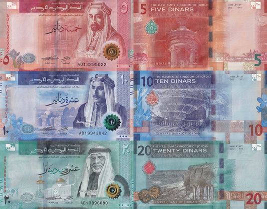 Jordan 5 10 20 Dinars 2022 P 40 41 42 UNC Set 3 pcs