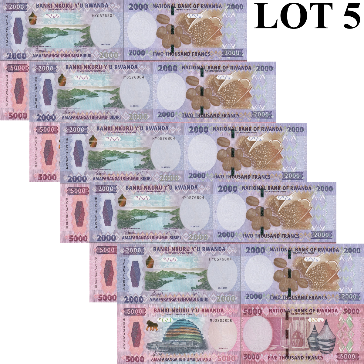 Rwanda 2000 5000 Francs Amafaranga 2024 P 44 45 New Design UNC Set 2 pcs Lot 5