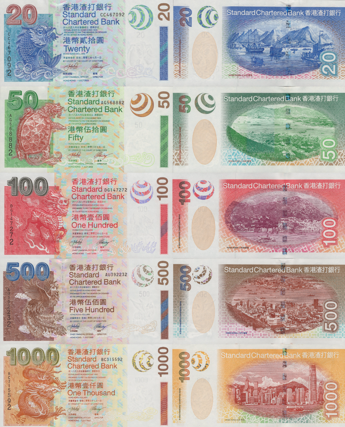 Hong Kong 20 50 100 500 1000 Dollars 2003 P 291 292 293-295 UNC SCB Set 5 pcs