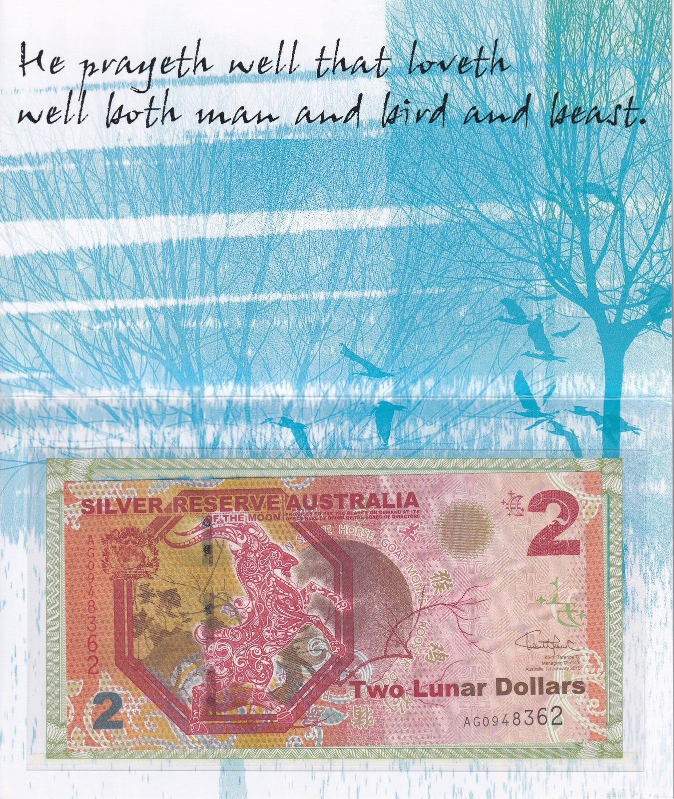 Australia 2 Lunar 2015 UNC Fancy Goat Silver Reserve of the Moon With Folder