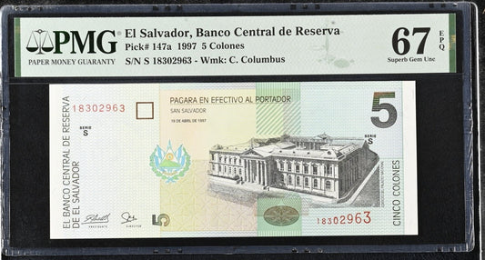 El Salvador 5 Colones 1997 P 147a UNC PMG 67 EPQ 3rd TOP POP