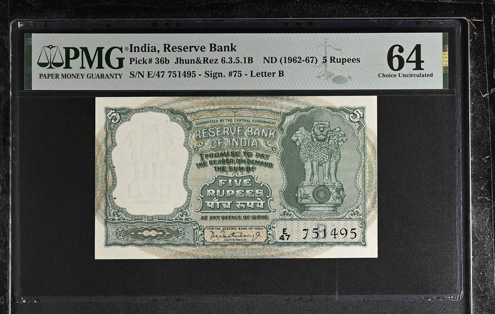 India Reserve Bank 5 Rupees ND (1962-67) P 36b Letter B Minor Rust UNC PMG 64