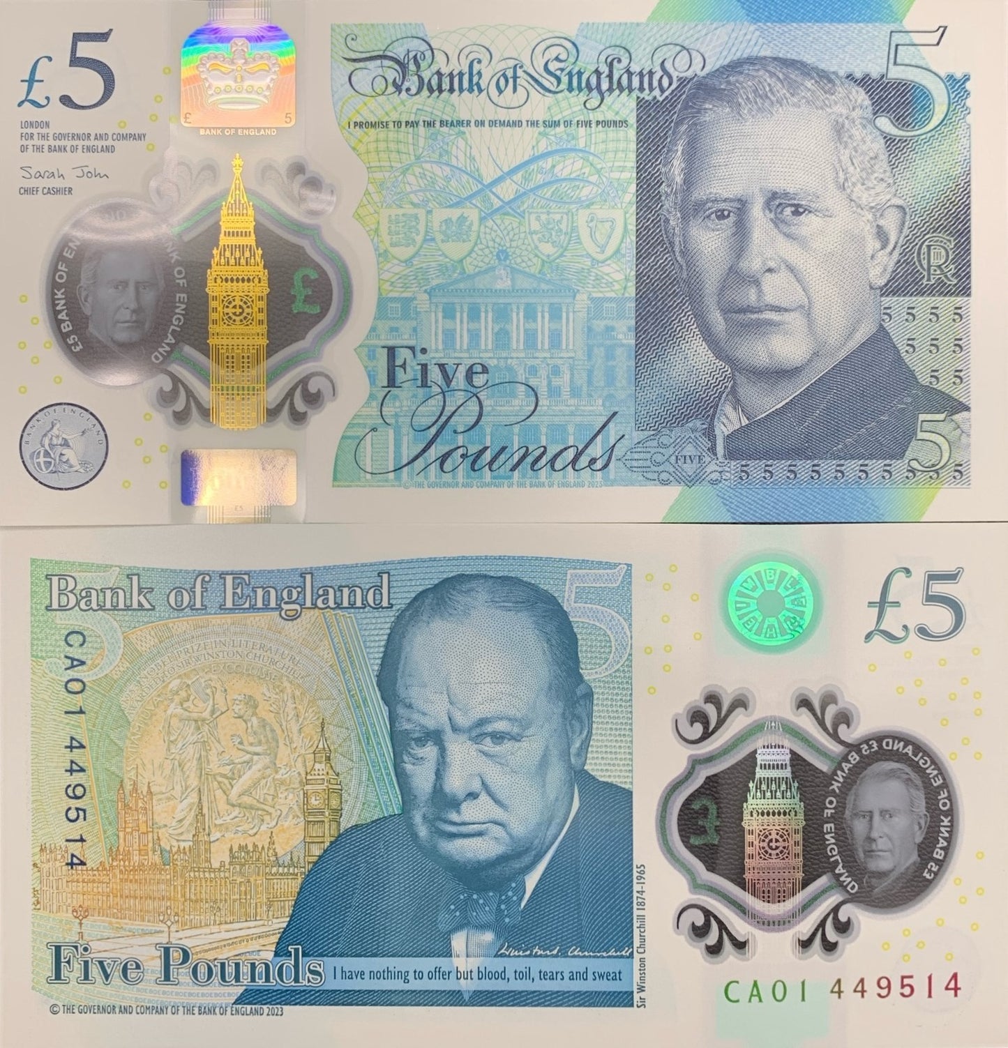 Great Britain 5 Pounds 2023/2024 P New Charles UNC CA01 First Prefix