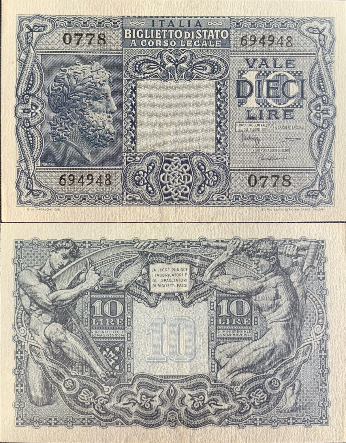 Italy Ministero del Tesoro 10 Lire 1944 P 32 UNC