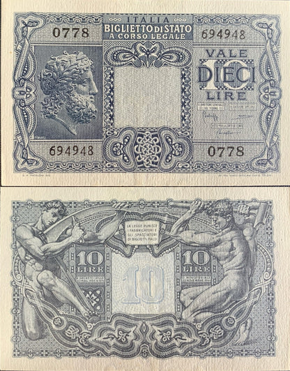 Italy Ministero del Tesoro 10 Lire 1944 P 32 UNC