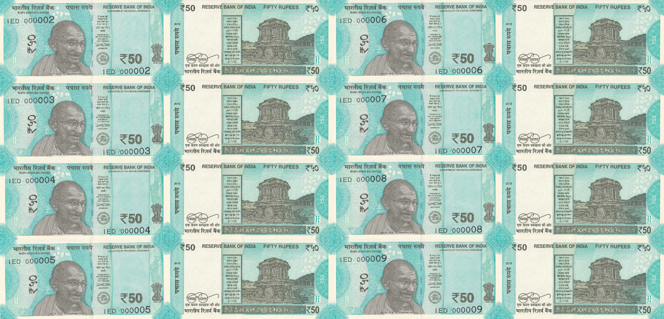 India 50 Rupees 2018 P 111e UNC Set 8 pcs Fancy LOW SERIAL NO. 000002-000009