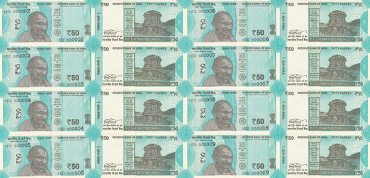 India 50 Rupees 2018 P 111e UNC Set 8 pcs Fancy LOW SERIAL NO. 000002-000009