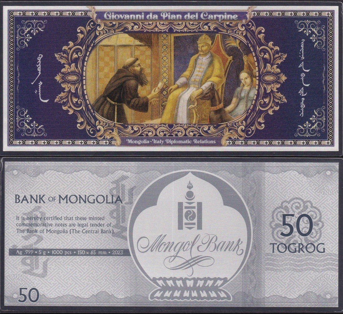 Mongolia Italy 50 Togrog Giovanni. Da Pian Del Carpine Silver Note UNC COMM. W/F