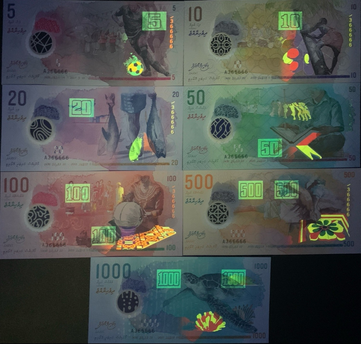 Maldives 2015-2017 P A26 26-31 Polymer UNC Match Almost SOLID 366666 Set 7 pcs