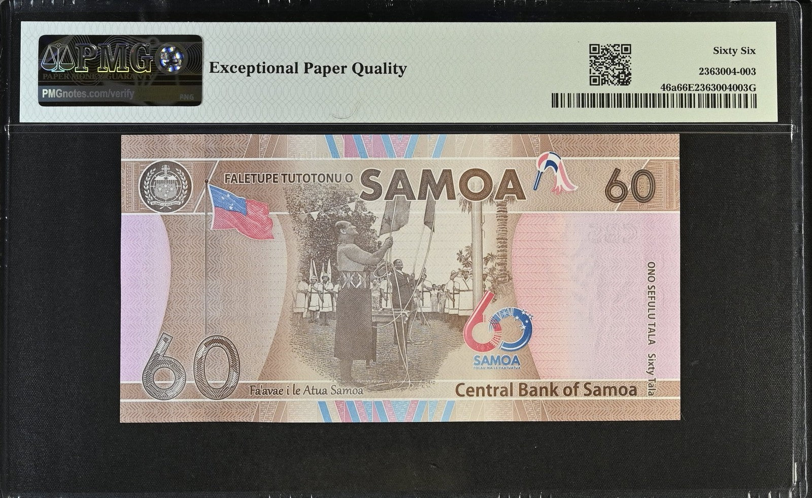 Samoa Commemorative 60 Tala ND (2023) P 46a UNC PMG 66 EPQ LOW S/N 0000026